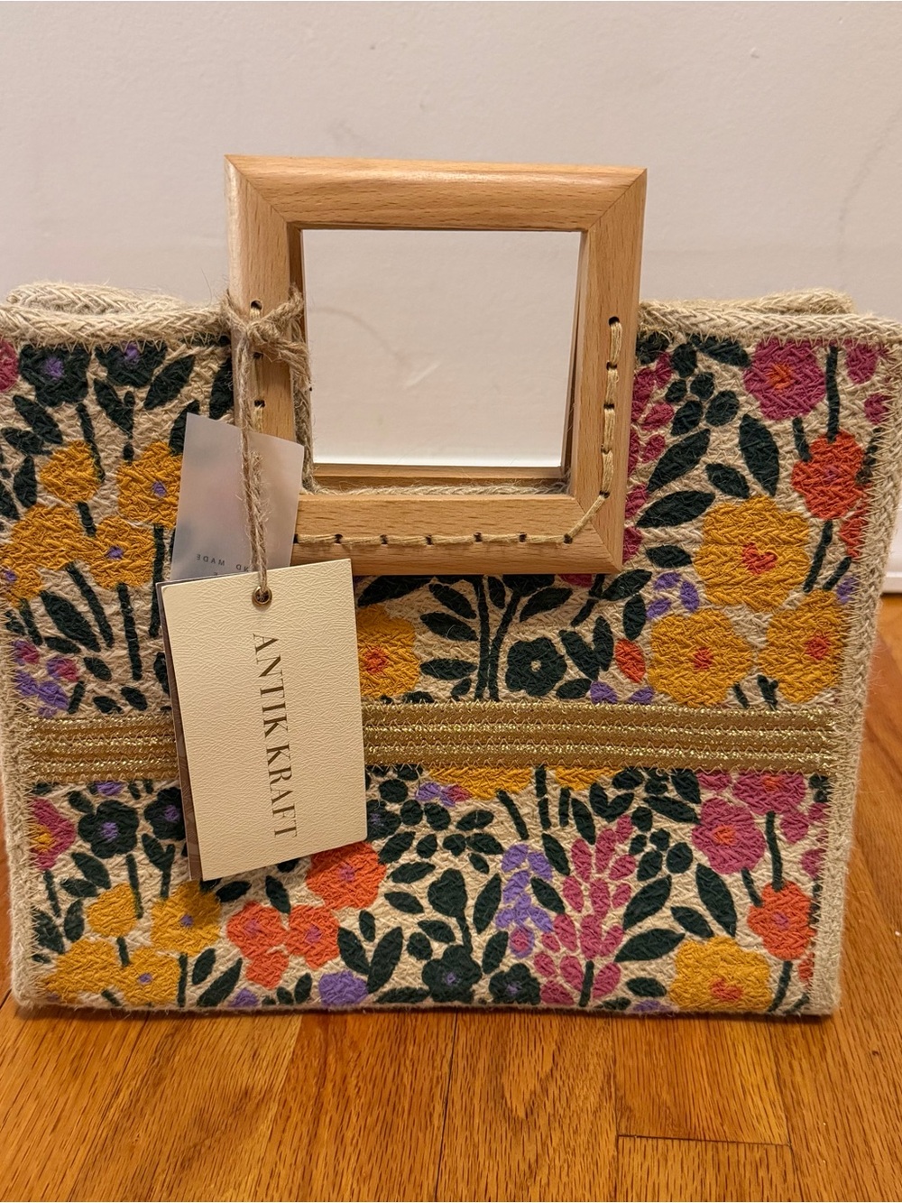 Antik Kraft Floral Jute Tote in Yellow, Purple, Pink, Orange, Green, Black